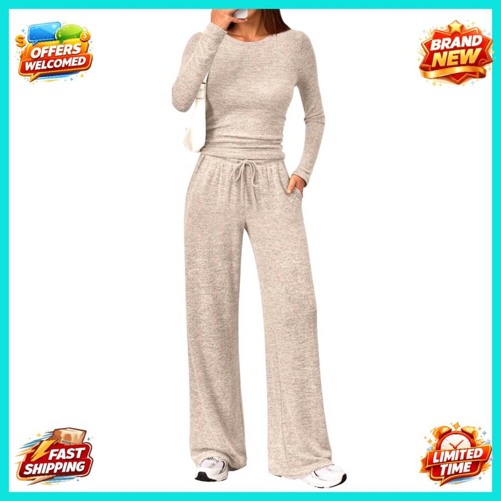 Rayon Blend Lounge Set, Long Sleeve Crewneck Top & Wide Leg Pants